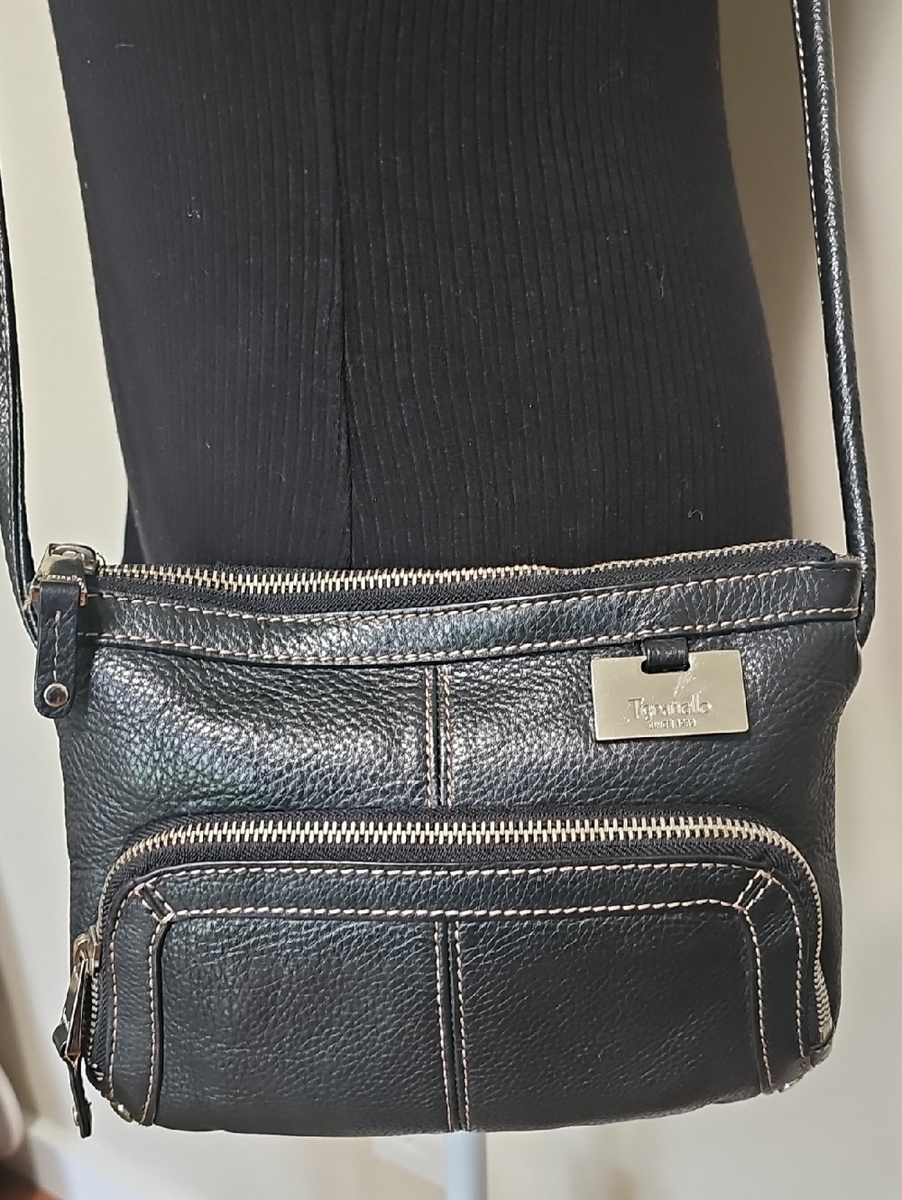 Tignanello Black Pebbled Leather Crossbody with Silver Hardware